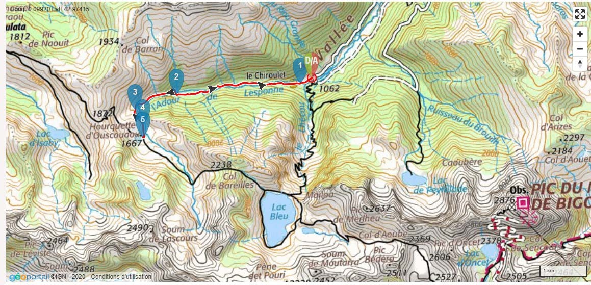 1 carte topographique lac d ourrec et lac bleu